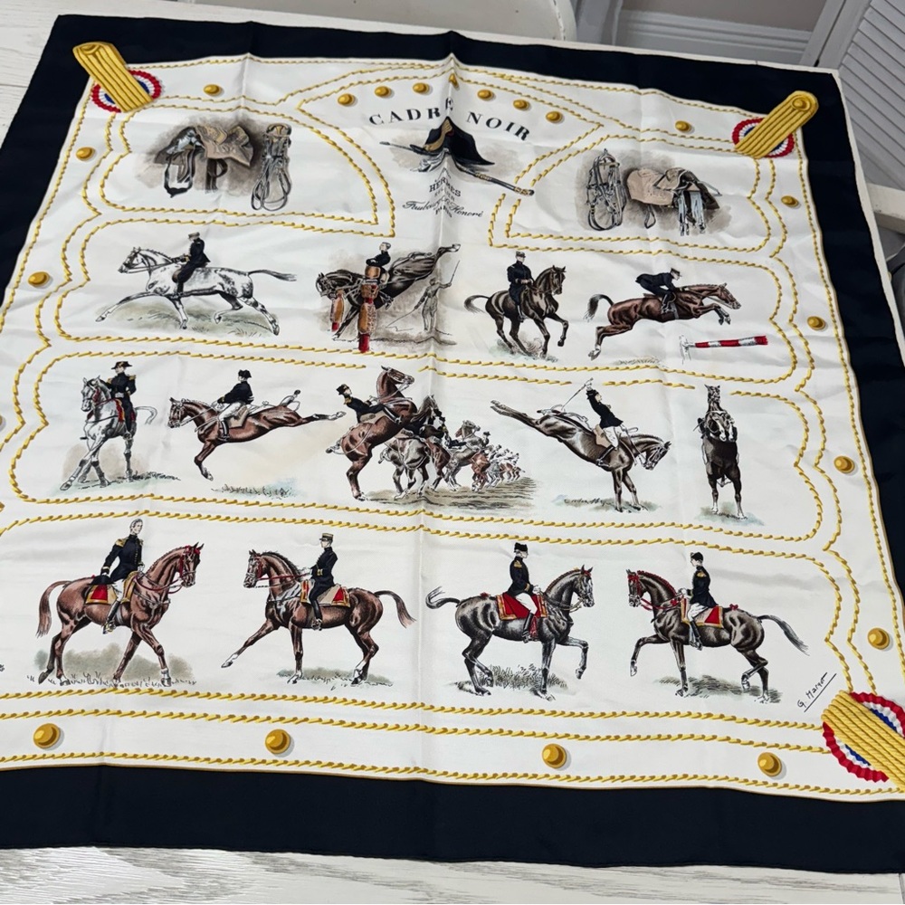 Hermes Scarf with White, Brown, and Gold Accents - Picture 8 of 16